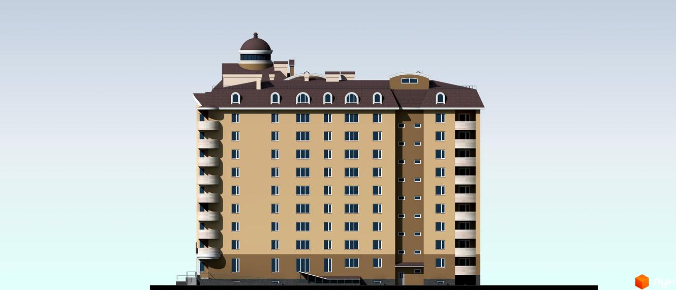 Житловий комплекс Бородянський: багатоповерховий будинок бежевого кольору з коричневим дахом, куполом та балконами. На передньому плані видно вхідну групу та пандус.