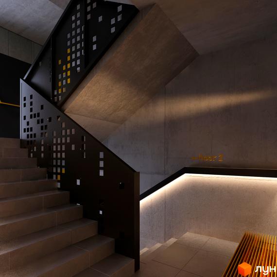 Інтер'єр Житлового комплексу LAKETOWN: сходи з металевими перфорованими поручнями, бетонні стіни та інтегрована підсвітка.