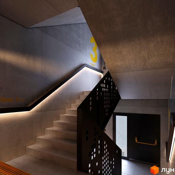 Інтер'єр Житлового комплексу LAKETOWN: бетонні сходи з чорними поручнями, інтегрованою підсвіткою та маркуванням поверхів.