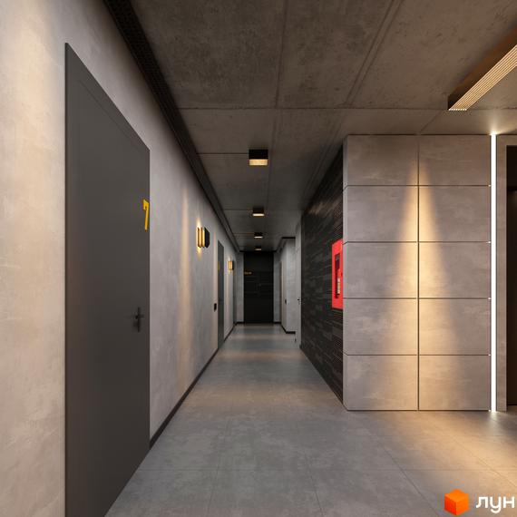 Коридор житлового комплексу LAKETOWN з дверима та освітленням. Сучасний дизайн та функціональне планування.