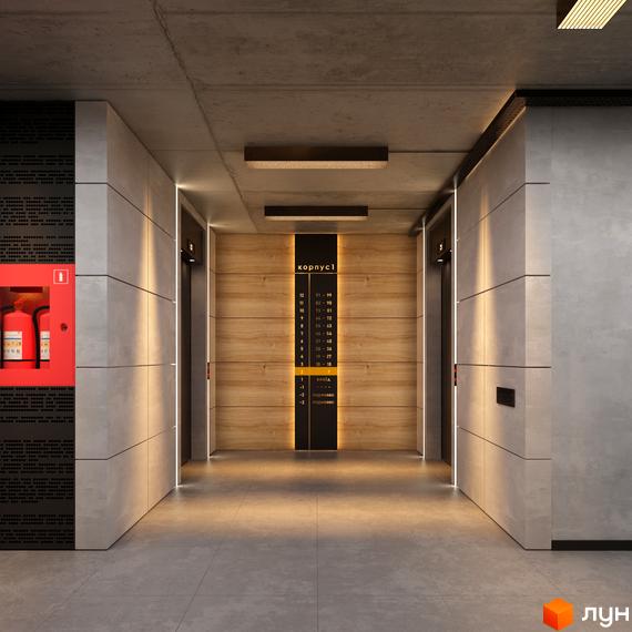 Коридор з ліфтами в житловому комплексі LAKETOWN. На стіні вказано нумерацію поверхів та назву корпусу.