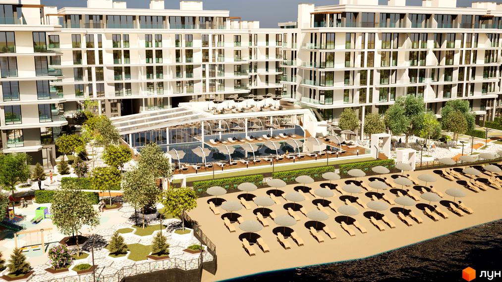 Житловий комплекс Stugna Residence з видом на пляж та басейн. На території комплексу розташовані зони відпочинку з шезлонгами та парасольками, а також дитячий майданчик.