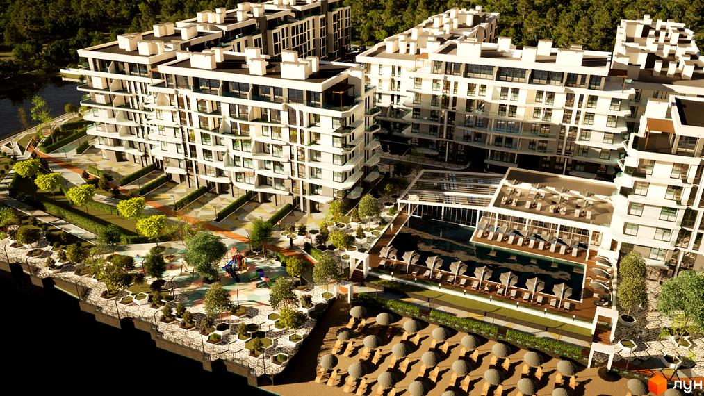 Житловий комплекс Stugna Residence з білими фасадами та балконами, басейном та зонами відпочинку на прибудинковій території.