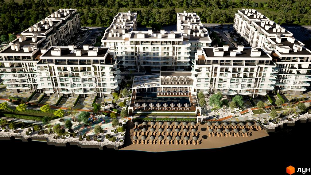 Житловий комплекс Stugna Residence з білими фасадами, балконами та панорамними вікнами, біля басейну та пляжу з шезлонгами.