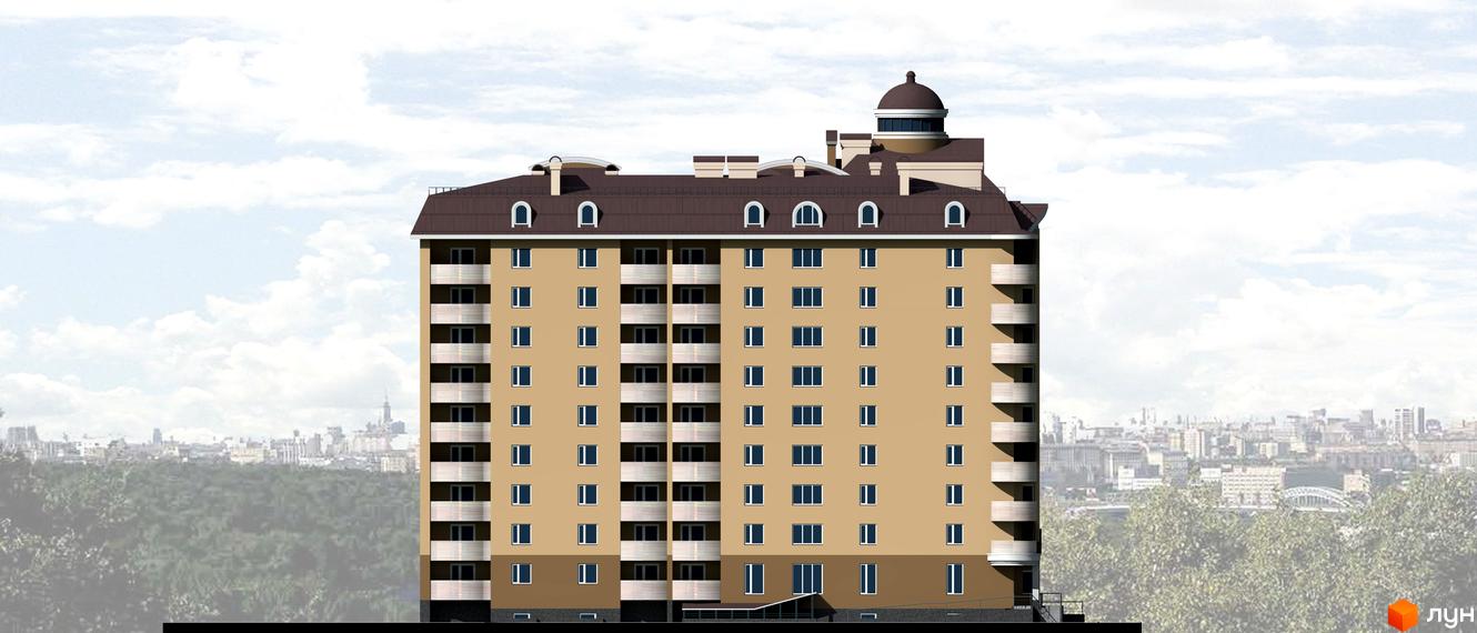 Житловий комплекс Бородянський: багатоповерховий будинок з бежевим фасадом, коричневим дахом, куполом та балконами. Навколо зелені дерева та міський пейзаж.