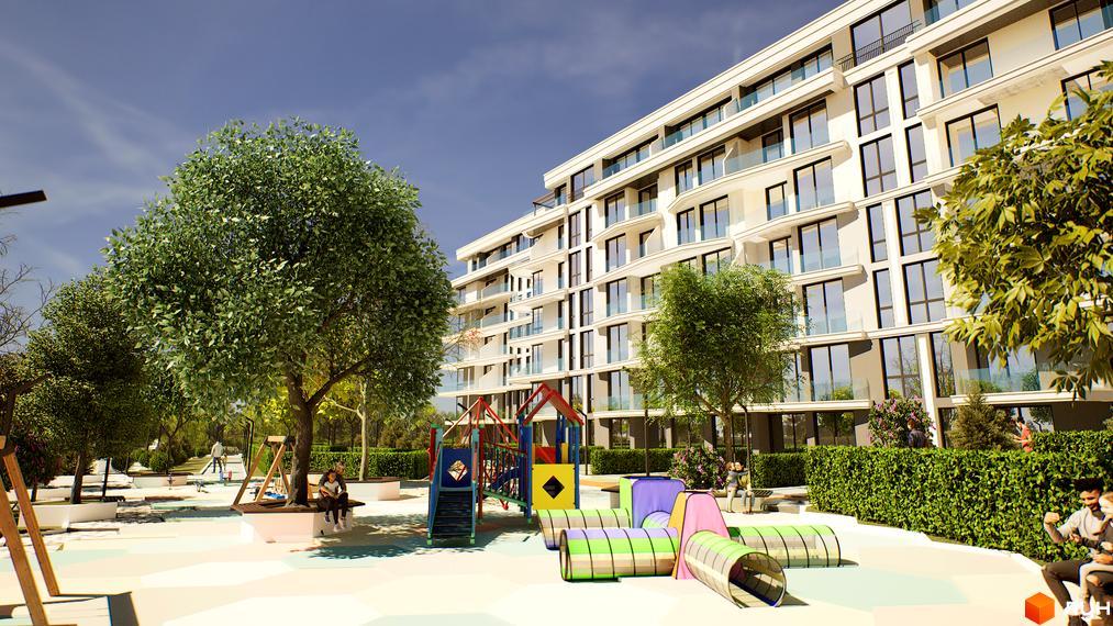 Житловий комплекс Stugna Residence з фасадами з великою кількістю вікон та балконів. На прибудинковій території розташований дитячий майданчик та зелені насадження.
