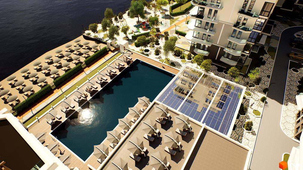 Житловий комплекс Stugna Residence з басейном та зоною відпочинку біля води. На території комплексу розташовані зелені зони, дитячий майданчик та парковка.