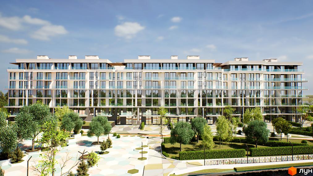 Житловий комплекс Stugna Residence - це багатоповерховий будинок з панорамними вікнами та балконами, оточений зеленою зоною з деревами та доріжками.