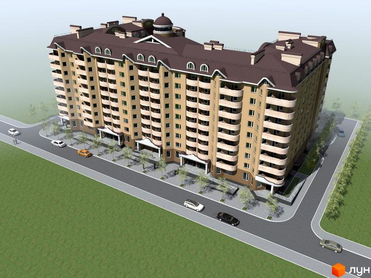 Житловий комплекс Бородянський: багатоповерховий будинок з бежевим фасадом, коричневим дахом, округлими балконами та куполом. Навколо дорога, зелені насадження та автомобілі.