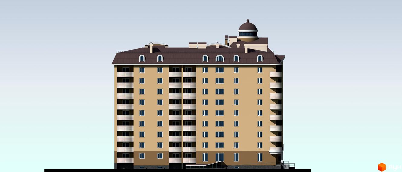 Житловий комплекс Бородянський: багатоповерховий будинок бежевого кольору з коричневим дахом, балконами та купольною надбудовою. Вхід облаштований пандусом.