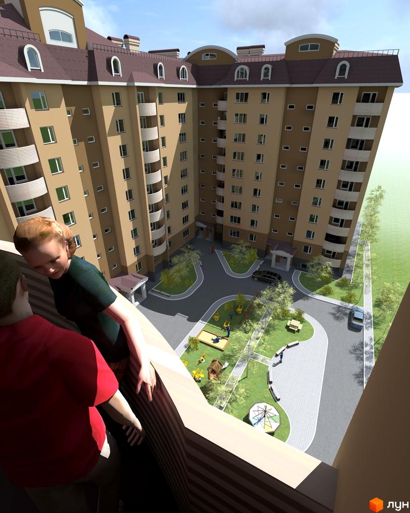 Багатоповерховий будинок Житлового комплексу Бородянський з бежевим фасадом та коричневим дахом. На прибудинковій території дитячий майданчик, зелені газони та пішохідні доріжки.