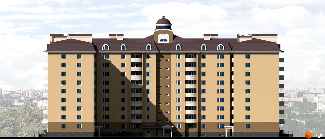 Фасад житлового комплексу Бородянський: багатоповерховий будинок світло-коричневого кольору з коричневим дахом та куполом. Вигляд на новобудову.