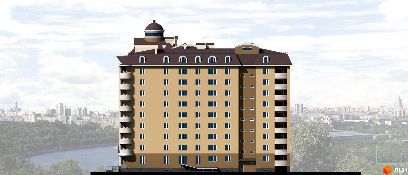 Житловий комплекс Бородянський: багатоповерховий будинок світло-коричневого кольору з балконами та куполом на даху, на тлі міського пейзажу з річкою.