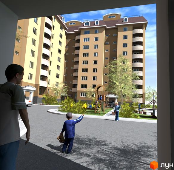 Житловий комплекс Бородянський: багатоповерховий будинок бежевого кольору з балконами та вікнами, двір з дитячим майданчиком та зеленими насадженнями.