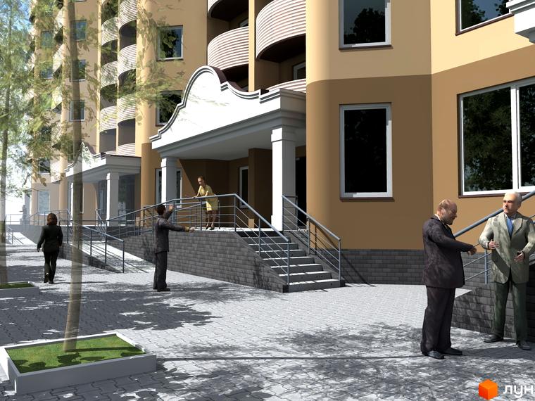 Житловий комплекс Бородянський: багатоповерховий будинок бежевого кольору з білими вікнами. Прибудинкова територія з бруківкою, деревами та пандусами.