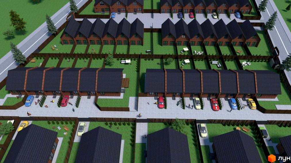 Котеджне містечко Квартал Баварія: фасади цегляних будинків з темними дахами та зелені дворики з парковками та зонами відпочинку.