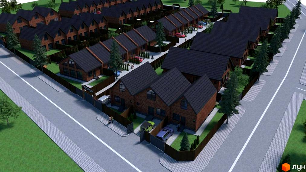 Котеджне містечко КМ Квартал Баварія. Візуалізація цегляних будинків з темними дахами та доглянутою прибудинковою територією з зеленими насадженнями та паркуванням.