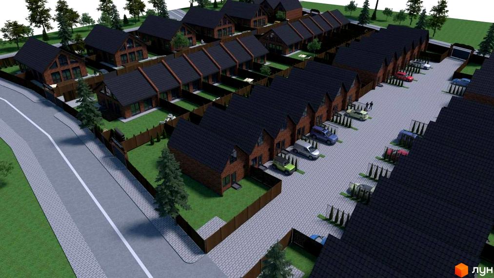 Котеджне містечко Квартал Баварія: цегляні будинки з чорними дахами та зелені подвір'я з парковкою.