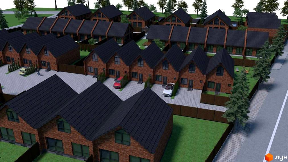 Котеджне містечко Квартал Баварія: цегляні будинки з темними дахами та впорядкованою прибудинковою територією з парковками та зеленими насадженнями.