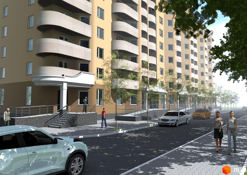 Житловий комплекс Бородянський: багатоповерховий будинок з бежевим фасадом та вигнутими балконами. Прибудинкова територія має дерева, дорогу та пішохідні доріжки.