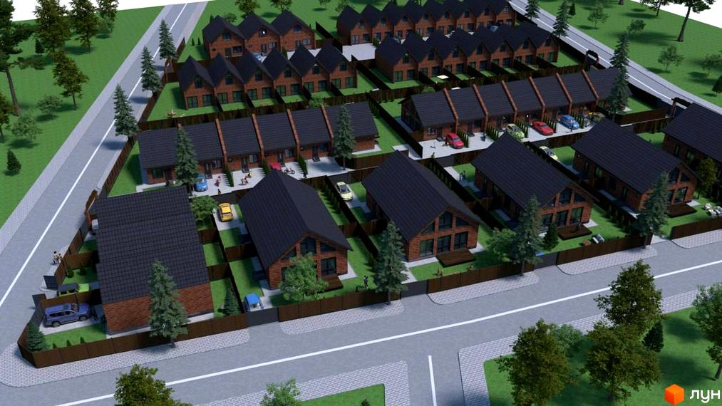 Котеджне містечко Квартал Баварія: цегляні будинки з темними дахами та доглянутою прибудинковою територією з парканом та деревами.