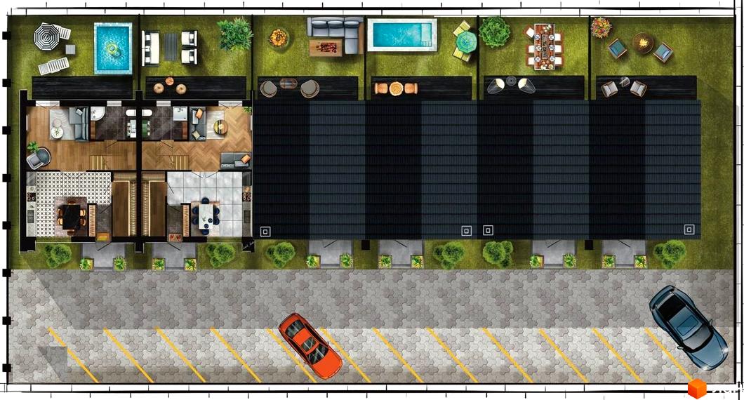 Зображення плану поверху Житлового комплексу на вулиці Шалімова, 36. На плані видно розташування квартир, басейни та парковку.