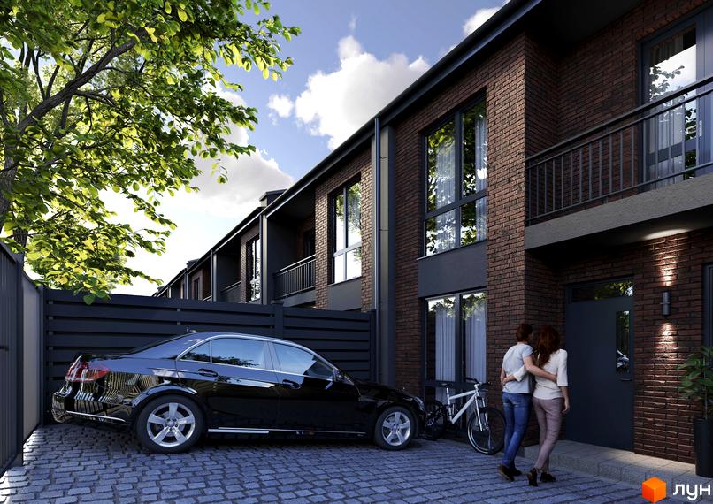 B-Hills - це житловий комплекс з цегляними таунхаусами, що мають балкони та великі вікна. Перед будинками розташований двір з паркомісцем для автомобіля та велосипедом.