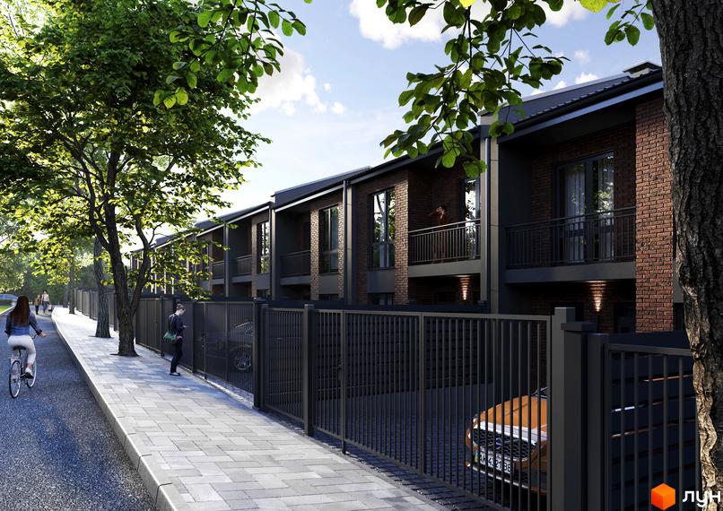 Таунхауси B-Hills: цегляні фасади будинків з балконами та парканом з кованого металу. Прибудинкова територія з тротуаром та деревами.
