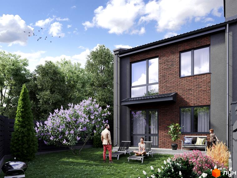 Зображення таунхаусів B-Hills. Двоповерхові будинки з цегляними стінами та великими вікнами, зелена прибудинкова територія.
