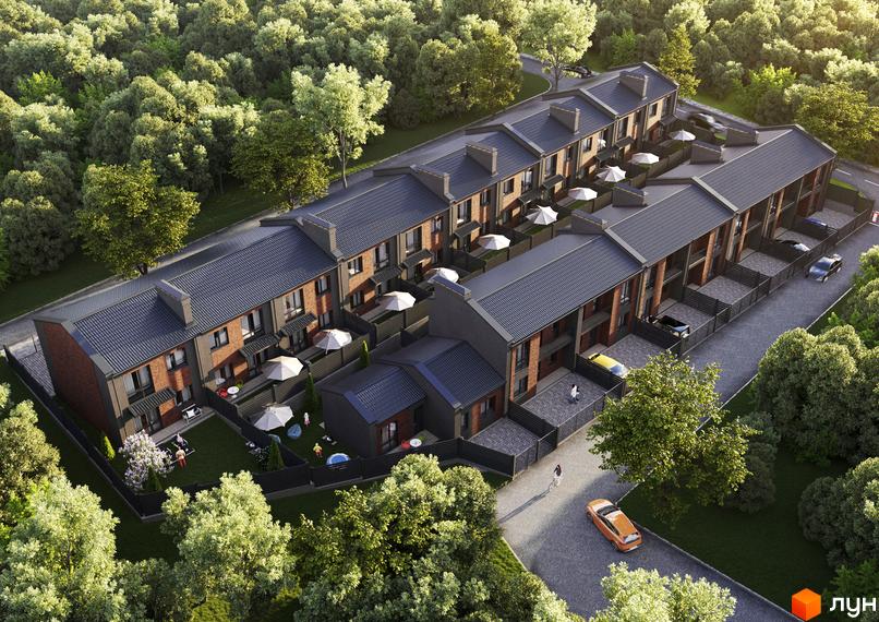 Зображення таунхаусів B-Hills з прибудинковою територією. Вид зверху на будинки з подвір'ями та зеленими насадженнями.