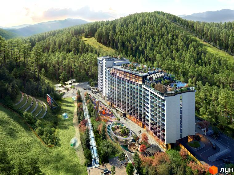 Апарт-комплекс Mountain Residence з фасадами з вікон та басейном на даху, оточений лісом та гірським схилом з амфітеатром.