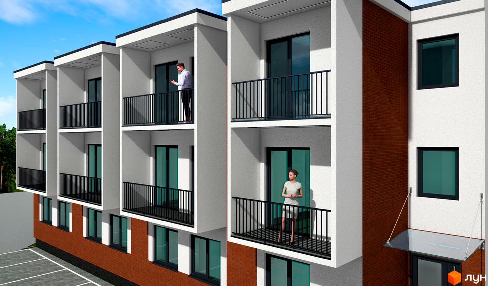 Житловий комплекс Comfort House. Фасад будівлі з цегляною обробкою та балконами, поруч парковка.