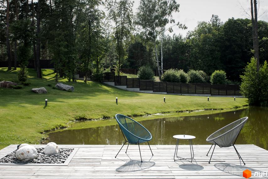 КМ Swisstown: затишна тераса з плетеними кріслами біля води. Навколо зелений газон, дерева та паркан.