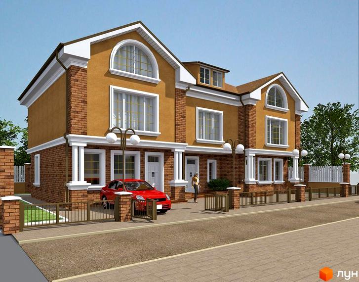 Котеджне містечко Петропавлівський: двоповерхові будинки з цегляними фасадами, великими вікнами та білими колонами. Територія має парковку та огорожу.