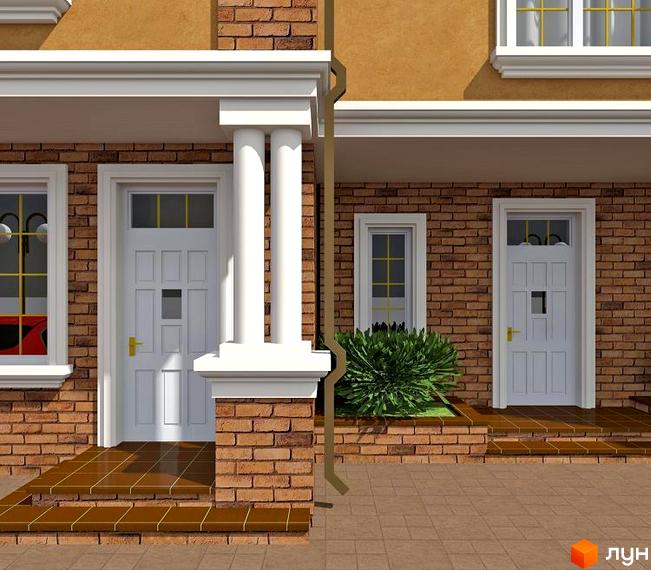 Фасад будинку Котеджного містечка Петропавлівський з цегляними стінами, білими вікнами та вхідними дверима. Перед будинком є ганок з колонами та коричневою плиткою.