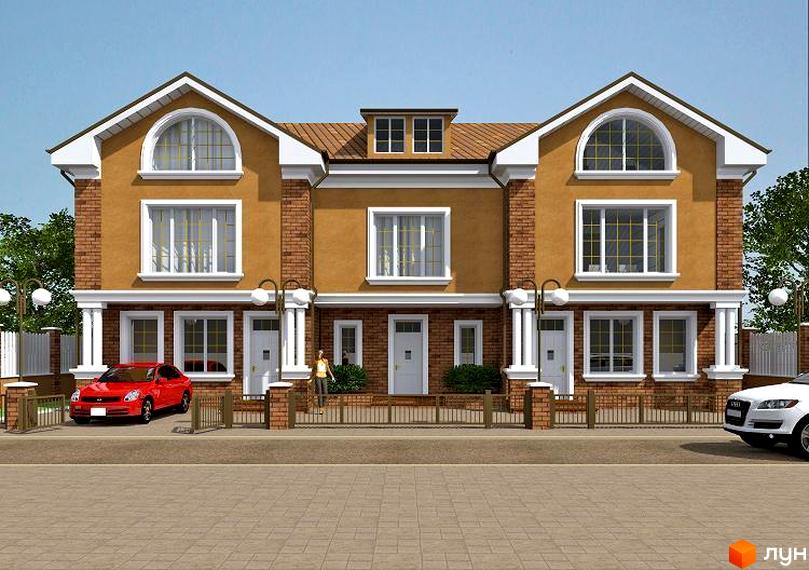 Фасад Котеджного містечка Петропавлівський з коричневими стінами, цегляними вставками та білими вікнами. Перед будинком вимощена дорога, огорожа та зелені насадження.