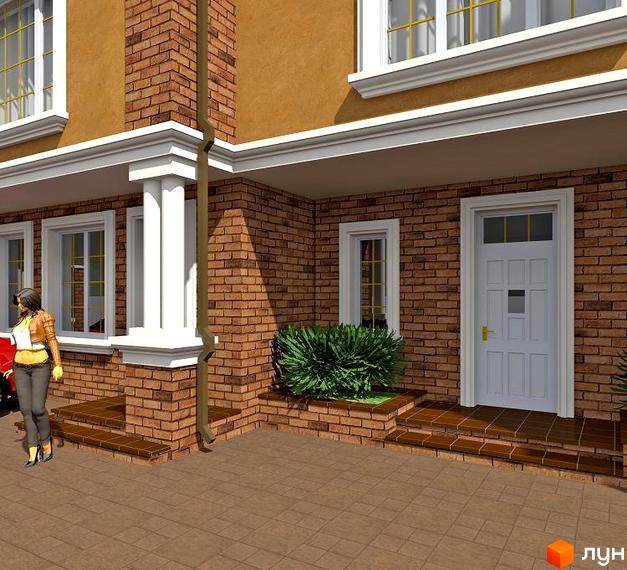 Котеджне містечко Петропавлівський: фасад будинку з цегляною кладкою та штукатуркою, білі вікна та двері, вимощена плиткою прибудинкова територія.