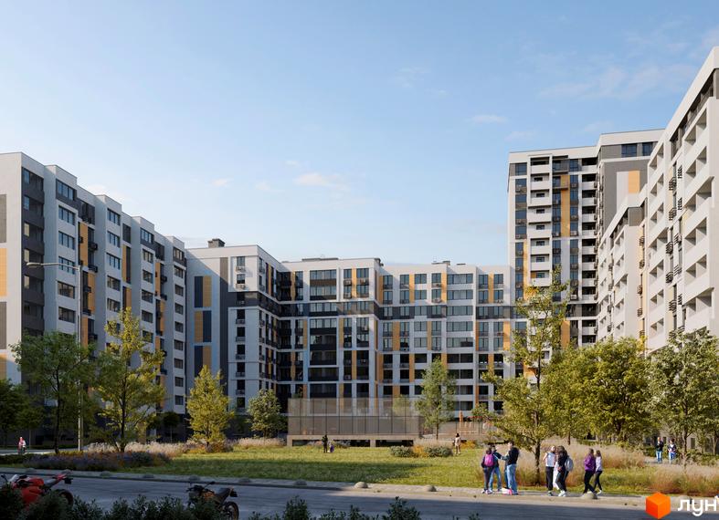 Житловий комплекс Вишгород Сіті Парк. Багатоповерхові будинки з великими вікнами та балконами. На території є зелені насадження та місця для відпочинку.