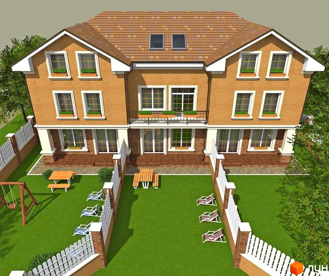 КМ Петропавлівський: спарений двоповерховий будинок з мансардою та коричневим дахом. Прибудинкова територія з газоном, огорожею, дитячим майданчиком та зонами відпочинку.