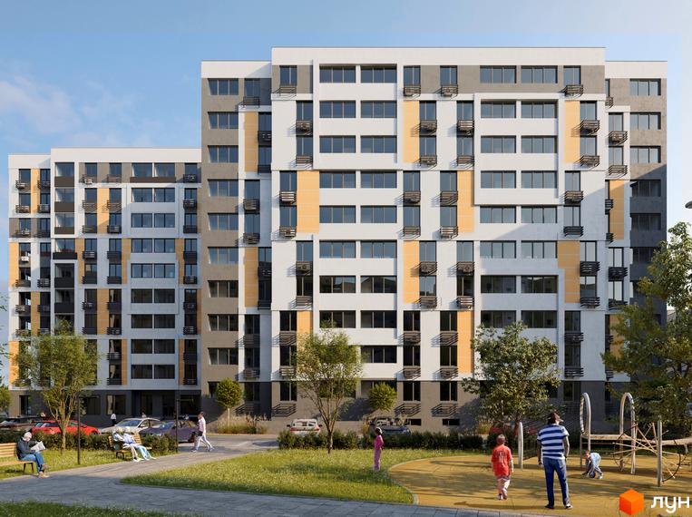 Зовнішній вигляд новобудови ЖК Вишгород Сіті Парк з сірими та білими фасадами, жовтими акцентами та балконами. Прибудинкова територія з зеленою зоною, лавками та дитячим майданчиком.
