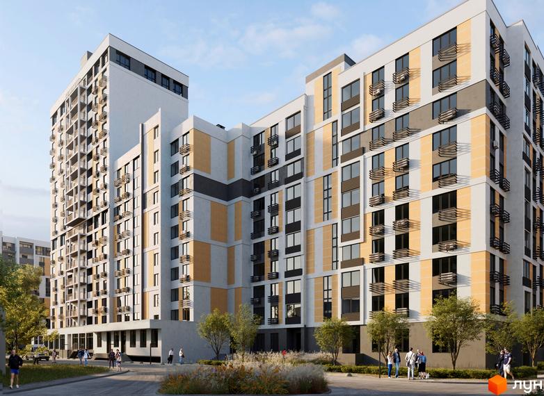 Новобудова ЖК Вишгород Сіті Парк з сірими та бежевими фасадами, балконами та кондиціонерами. Прибудинкова територія з деревами та людьми.
