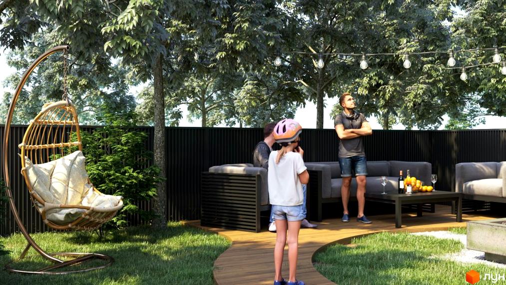 Таунхауси WEST TOWN XII: затишна тераса з плетеними меблями, диванами та кавовим столиком, оточена зеленню та освітлена гірляндами.