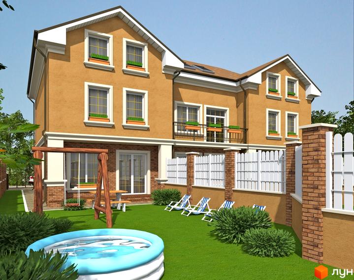 Котеджне містечко Петропавлівський: двоповерховий будинок світло-коричневого кольору з білими вікнами, балконом. На подвір'ї зелений газон, гойдалка, надувний басейн, шезлонги.