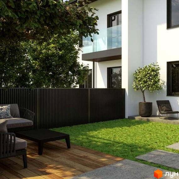 Таунхауси WEST TOWN XII: сучасний фасад будинку з балконами та прибудинкова територія з терасою та газоном. Ознайомтеся з проєктом!