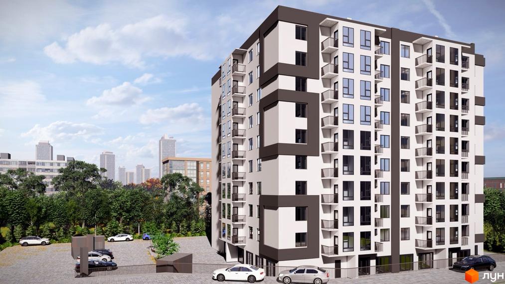 Багатоповерховий будинок Житлового комплексу АНТА з білим та темно-сірим фасадом, вікнами та балконами. Перед ним паркінг, за яким видно дерева та міський пейзаж.