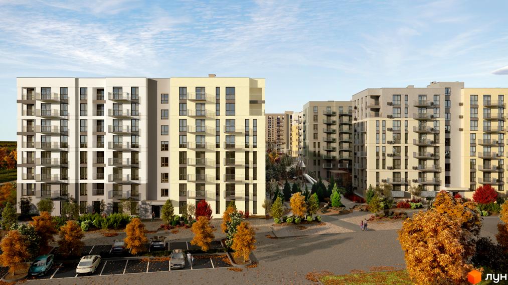 Житловий комплекс Садова Алея: фасади будинків з балконами та прибудинкова територія з деревами восени.