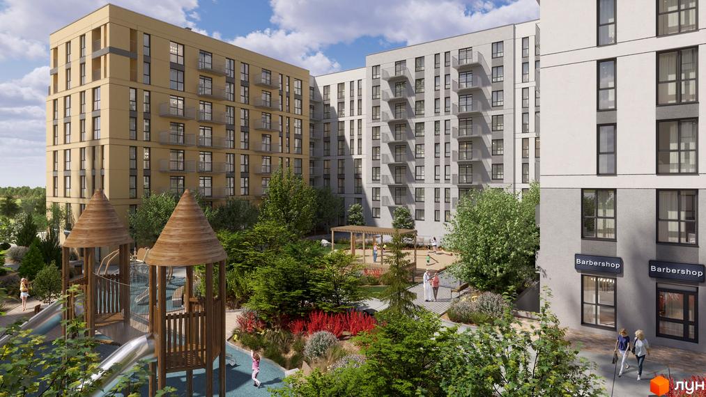 Житловий комплекс Садова Алея: багатоповерхові будинки з балконами та дитячий майданчик з гірками та пісочницею.