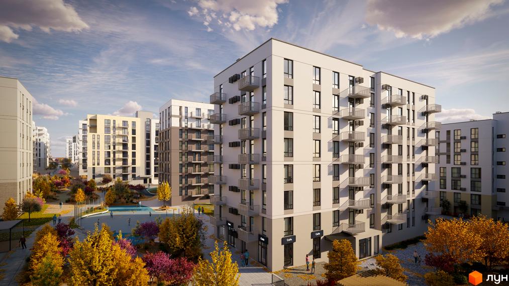 Житловий комплекс Садова Алея з білими фасадами та балконами, оточений осінніми деревами та зоною відпочинку.