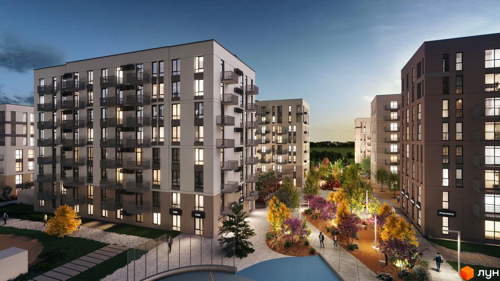 Житловий комплекс Садова Алея: фасади будинків з балконами та вікнами, освітлена прибудинкова територія з деревами та пішохідними доріжками.