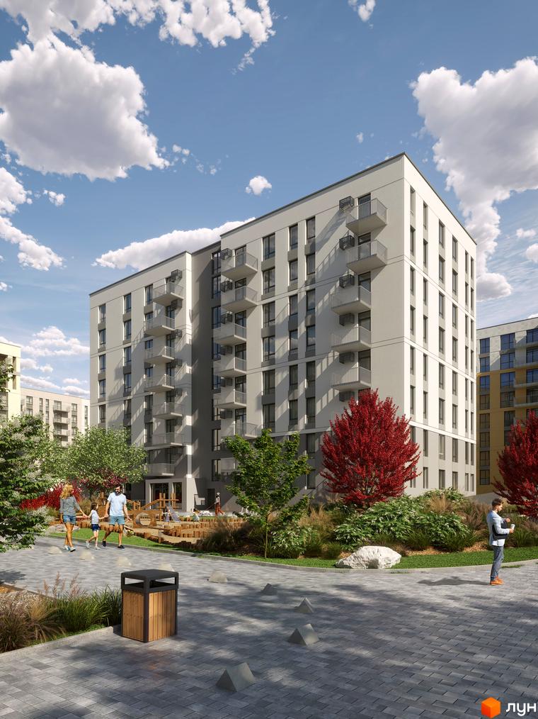 Житловий комплекс Садова Алея з сірими фасадами та балконами, дитячим майданчиком та зеленими зонами.